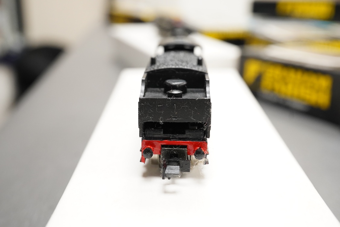 Thirteen N gauge railway by Graham Farish, etc., including two locomotives; a BR Class 4 0-6-0 tender locomotive, 4232, and an LMS 0-6-0T locomotive, 16389, together with two bogie coaches, eight freight wagons, and a Pe